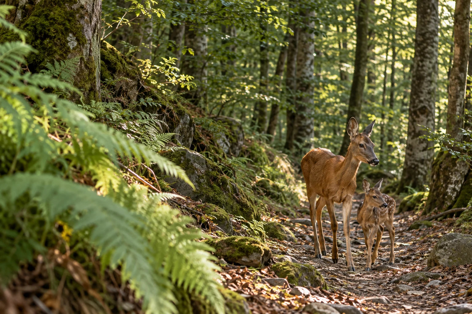 Chevrette et faon sur un sentier forestier