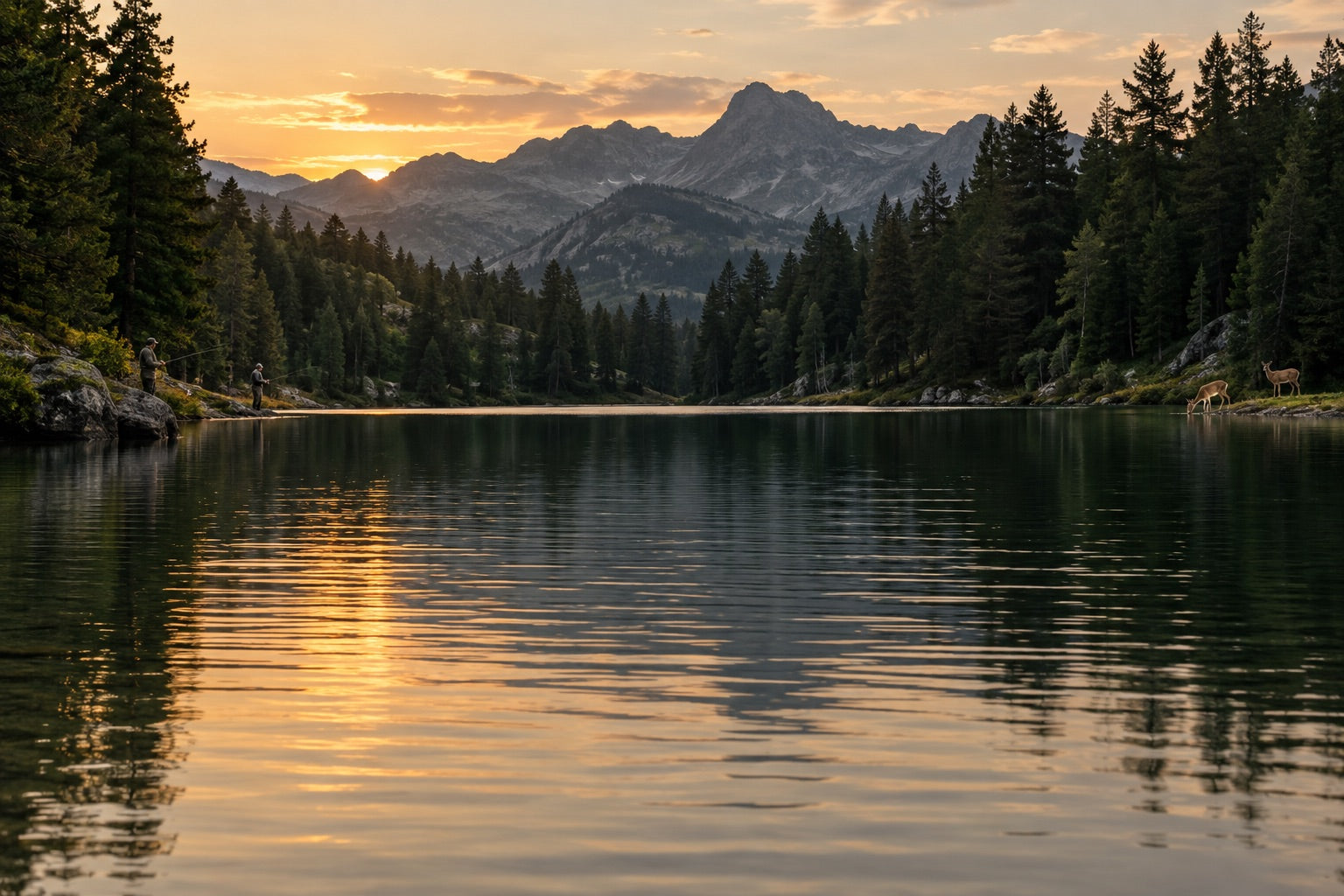 Deux pêcheurs et deux chevreuils discrets sur les rives d’un lac de montagne au coucher du soleil