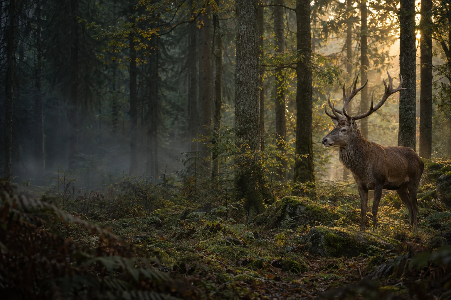 Cerf dans une forêt de mousses et de fougères à l’aube