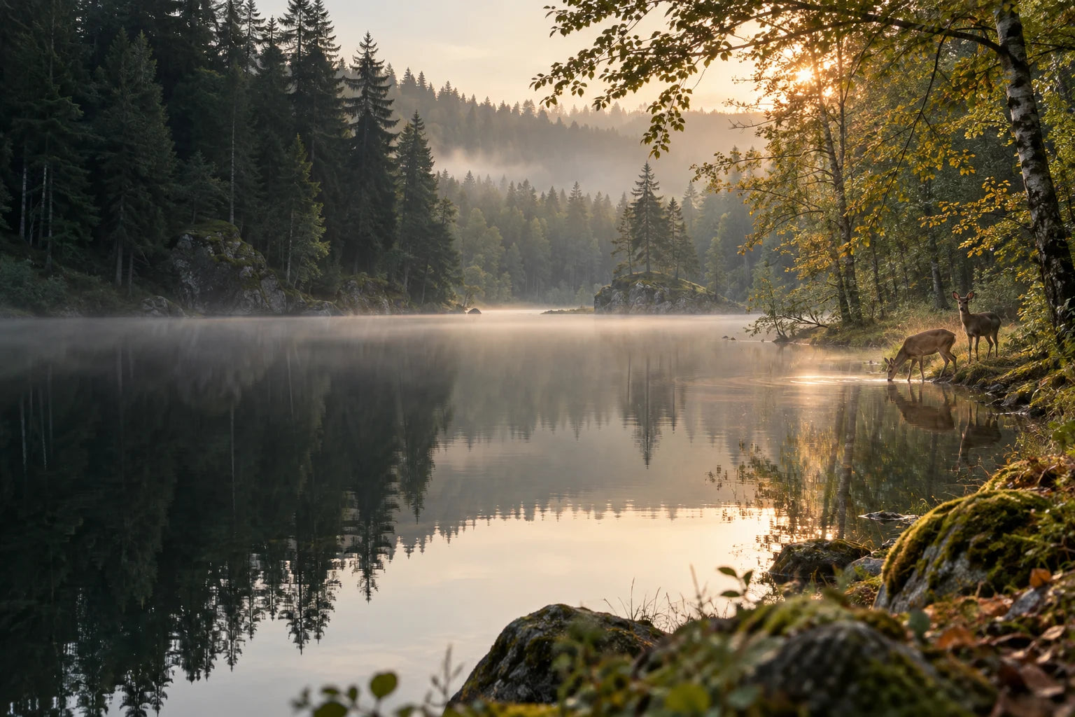 Deux chevreuils au bord d’un lac entouré de forêt à l’aube